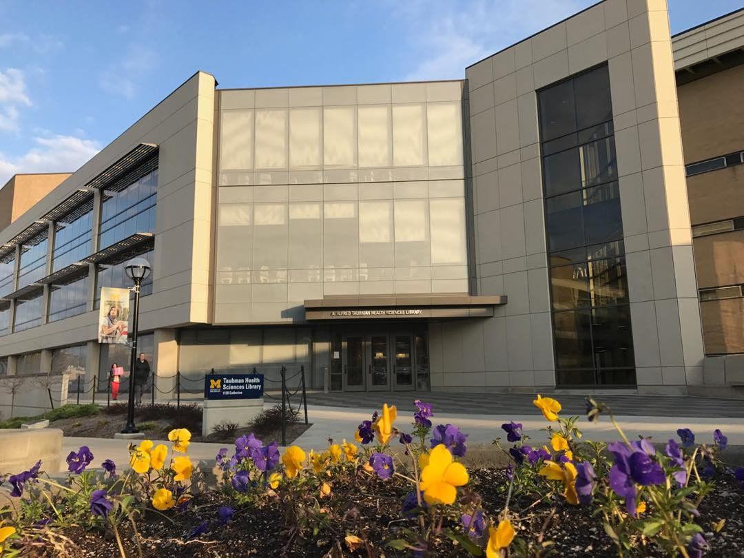 Taubman Health Sciences Library street view during spring