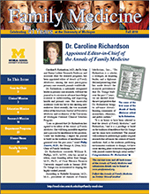 Cover of 2029 Family Medicine Newsletter. Lead story is: Caroline Richardson named editor of the journal. Annals of Family Medicine