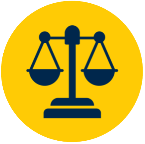 Justice Scales and a yellow circle representing a balanced clinical and research experience.