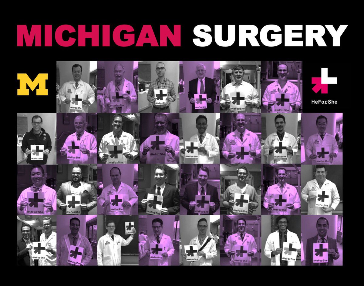 Collage of pictures of male surgeons from the Department of Surgery holding #HeForShe signs