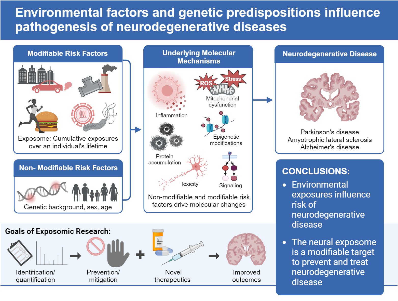 graphic abstract of a review on the exposomes effect on neurodegenerative disease