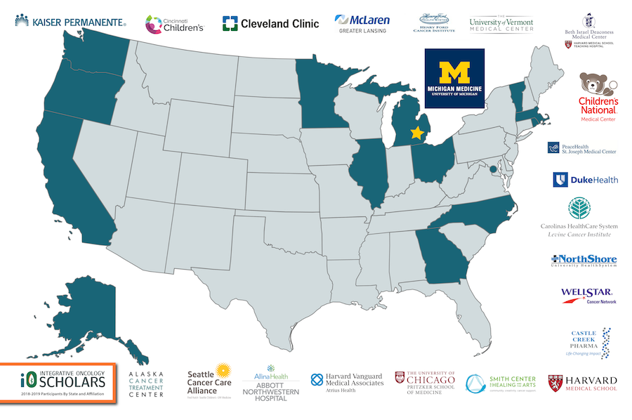 Map of the united states with highlighted states of integrative oncology scholar geographic representation with collection of health system logos