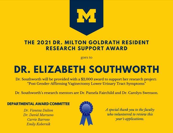 Dr. Southworth: 2021 Milton Goldrath Resident Research Support Award Announcment