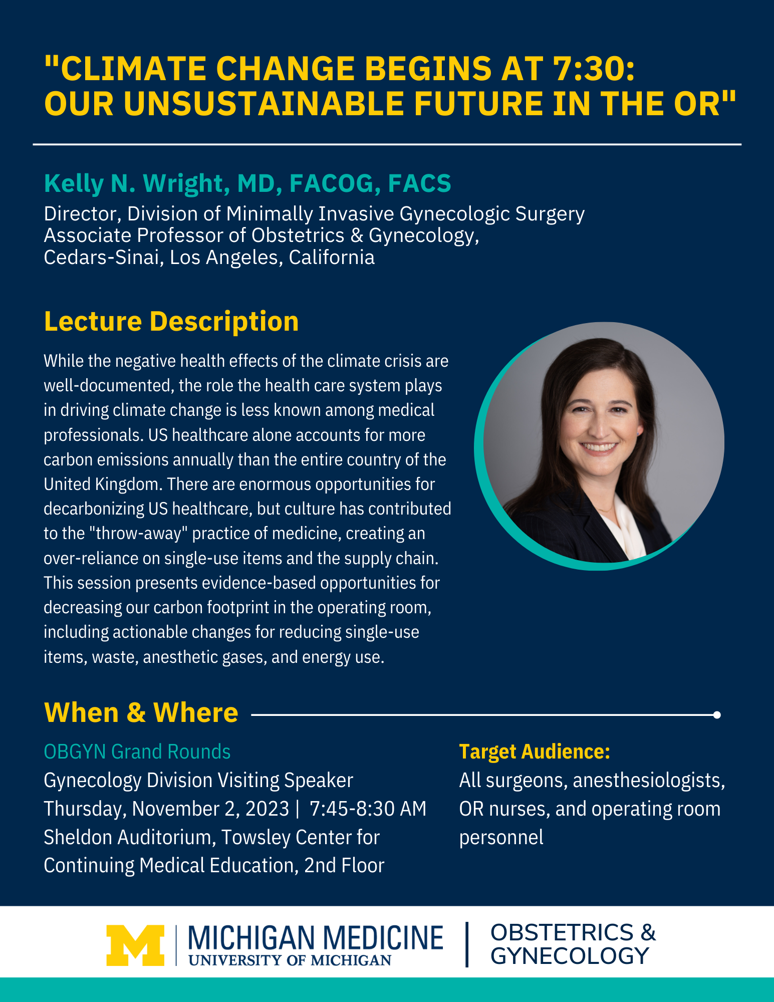 Flyer for OBGYN Grand Rounds on Nov 2, 2023 with Dr. Kelly Wright