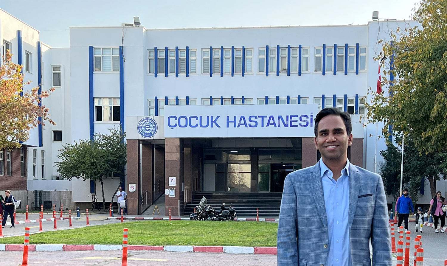 Dr. Rao at the entrance of the Ege University Pediatric Hospital in Izmir, in western Turkey.