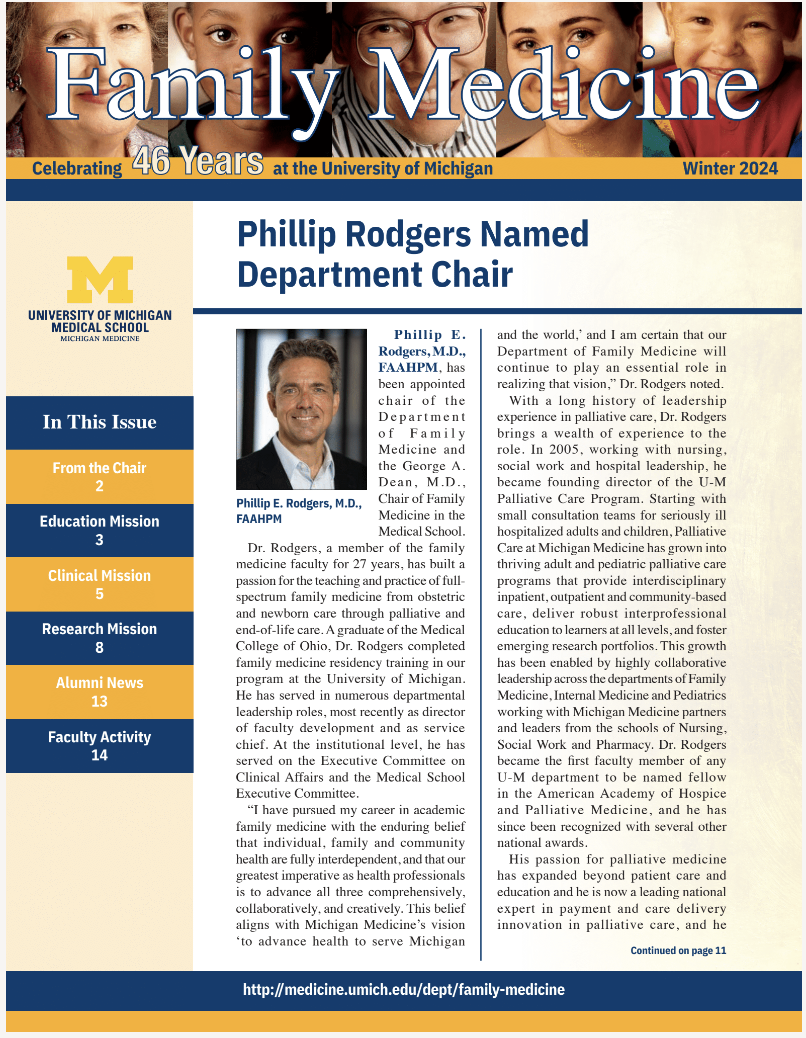Image of the cover of the Family Medicine newsletter. The cover headline reads Phillip Rodgers Named Department Chair and features a headshot photo of him. 