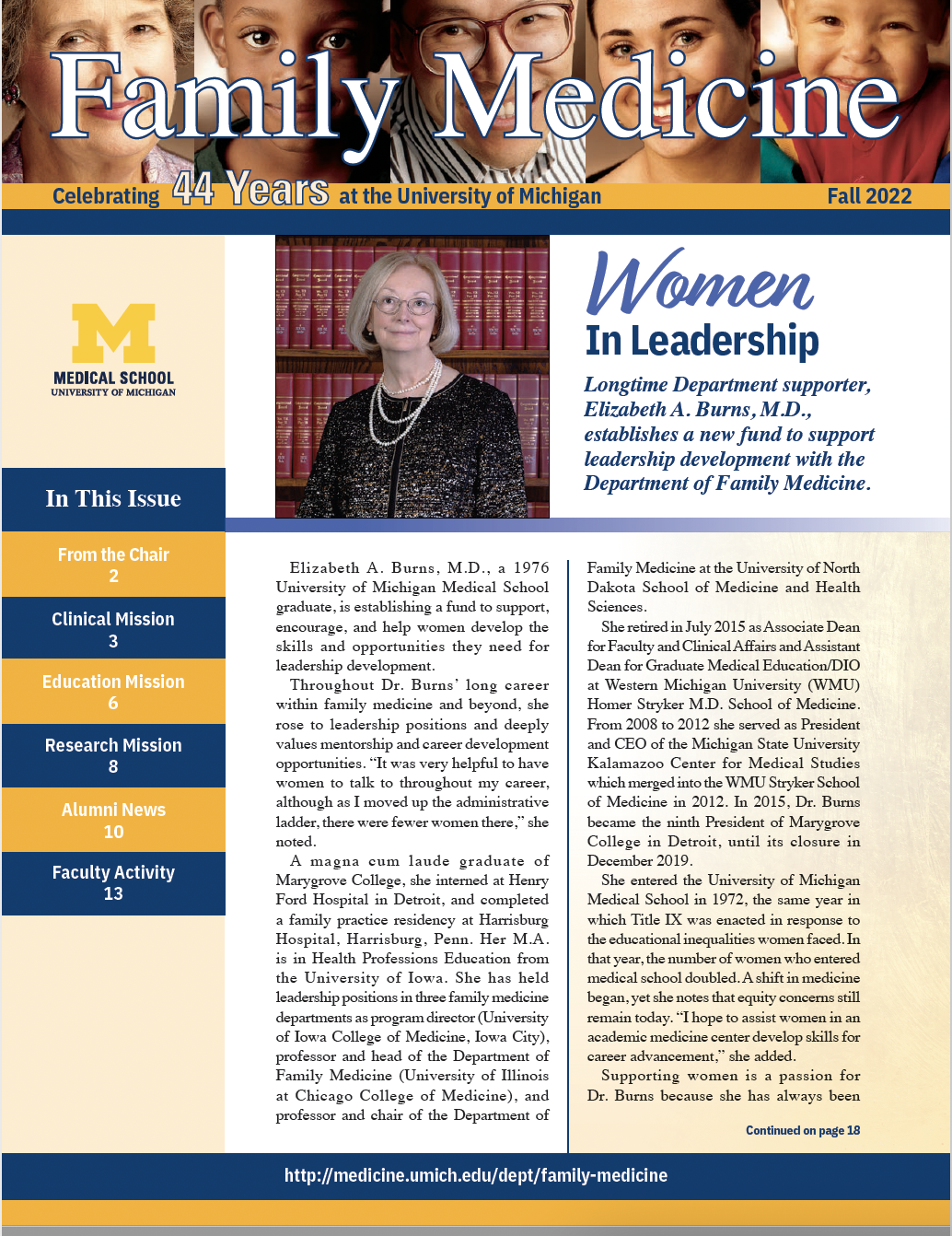 Cover of Family Medicine Newsletter. Headline reads: Women In Leadership Longtime Department supporter, Elizabeth A. Burns, M.D., establishes a new fund to support leadership development with the Department of Family Medicine.