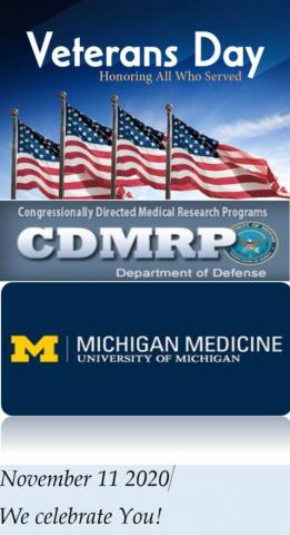 A rectangular graphic with sections containing content including a group of American flags and logos for the Department of Defense's Congressionally Directed Medical Research Program, and Michigan Medicine.