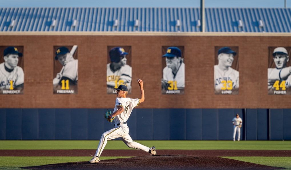 photo of Michigan baseball player Avery Goldensoph pitching during StrikeOut ALS game