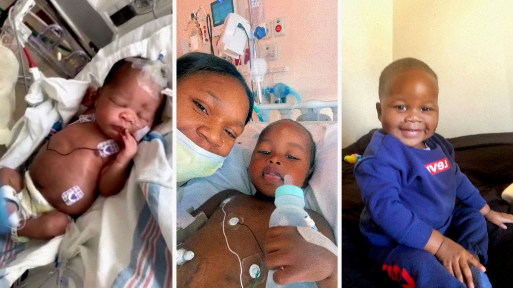 An image of the baby featured in this article in a hospital bed, an image with his mother, and a third image with the baby smiling.
