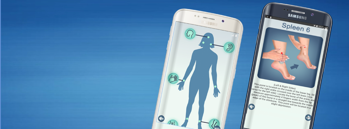MeTime acupressure app on a phone screen, showing pressure points on the body