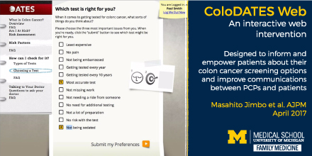 Image of web-based colorectal cancer screening tool with text: coloDATES web an interactive web intervention designed to inform and empower patients about their colon cancer screening options and improve communications between pcps and patients masahito