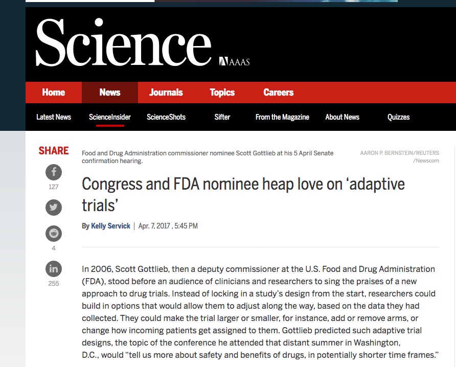 image of science webpage with headline "congress and FDA nominee heap love on 'adaptive trials'"