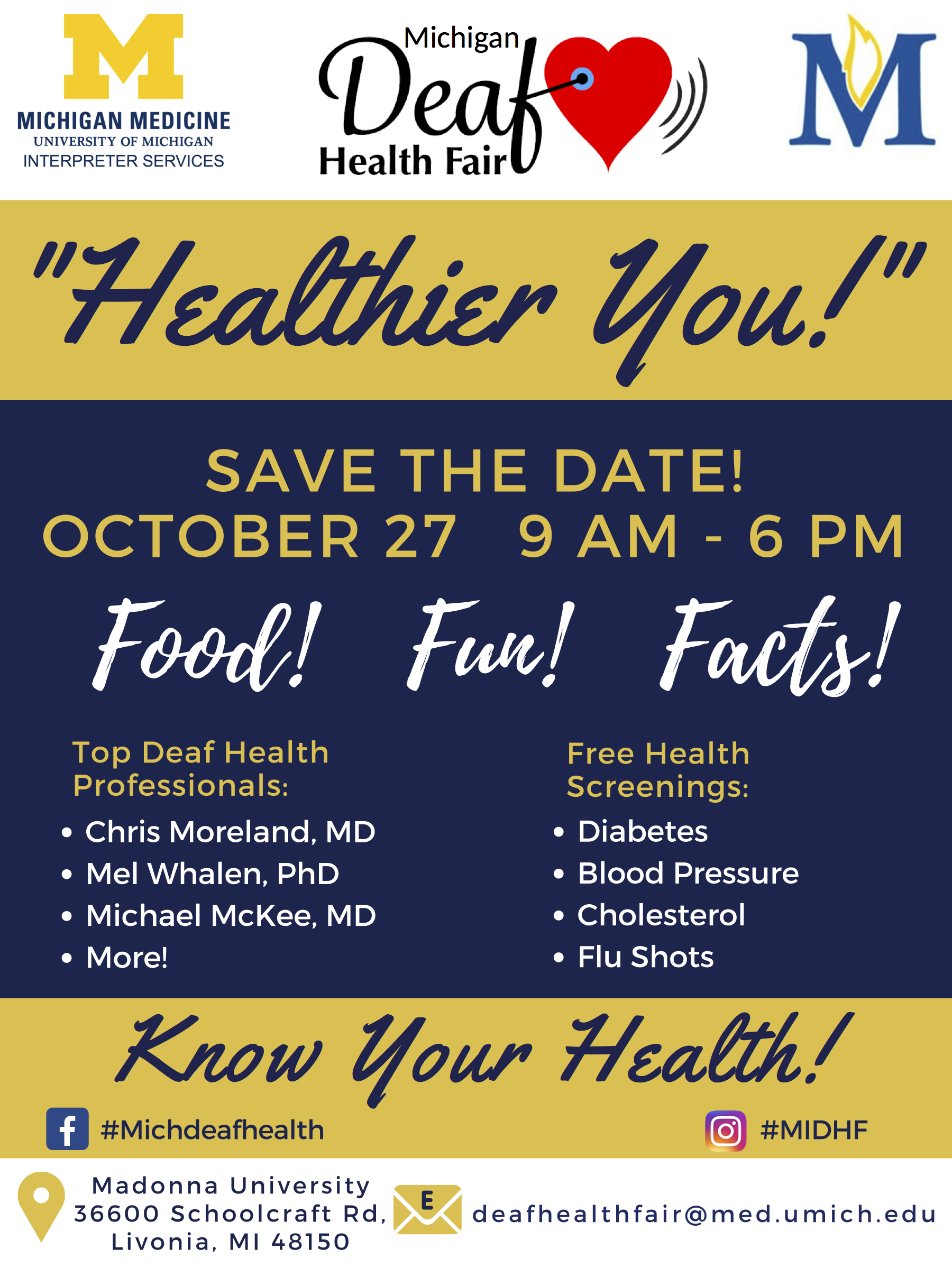 Michigan deaf health fair flyer save the date Oct 27 9AM-6PM Madonna University