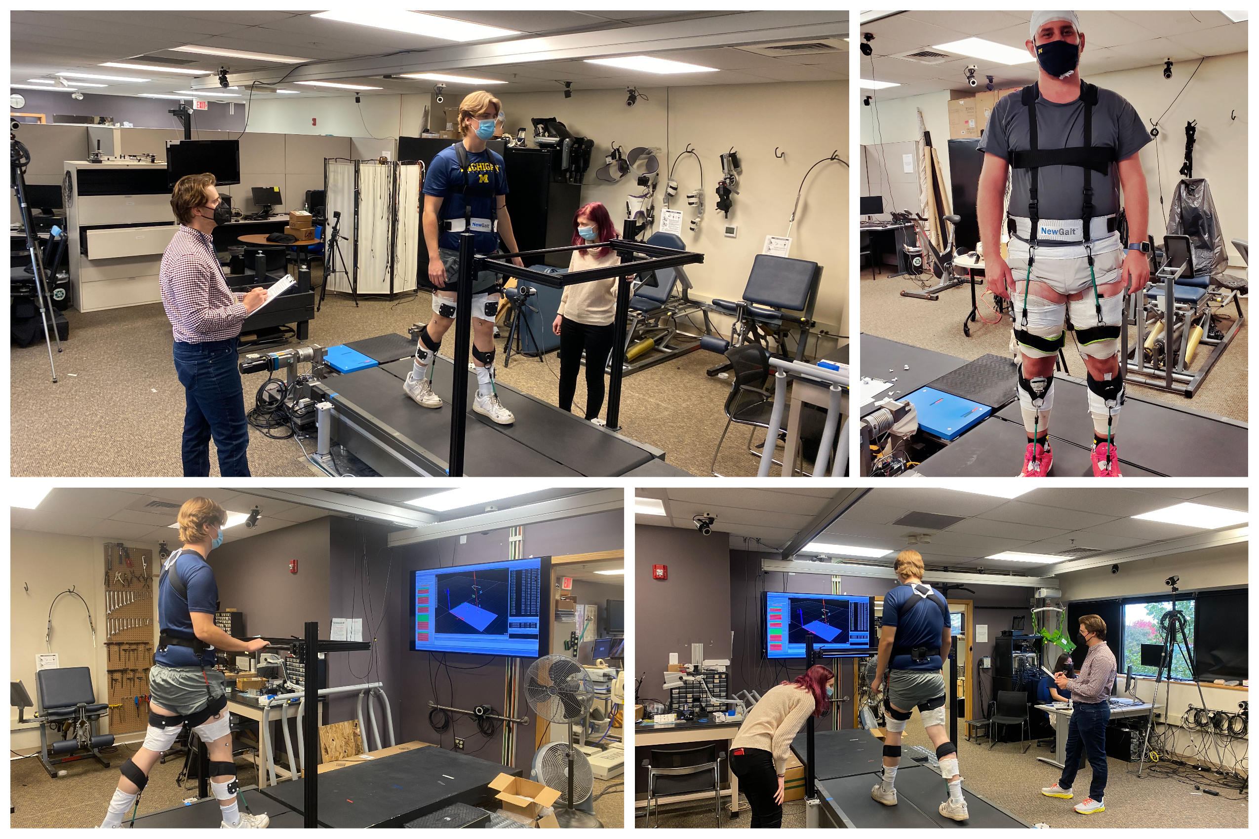 Collage of photos featuring the NewGait device being developed and studied by researchers at The University of Michigan