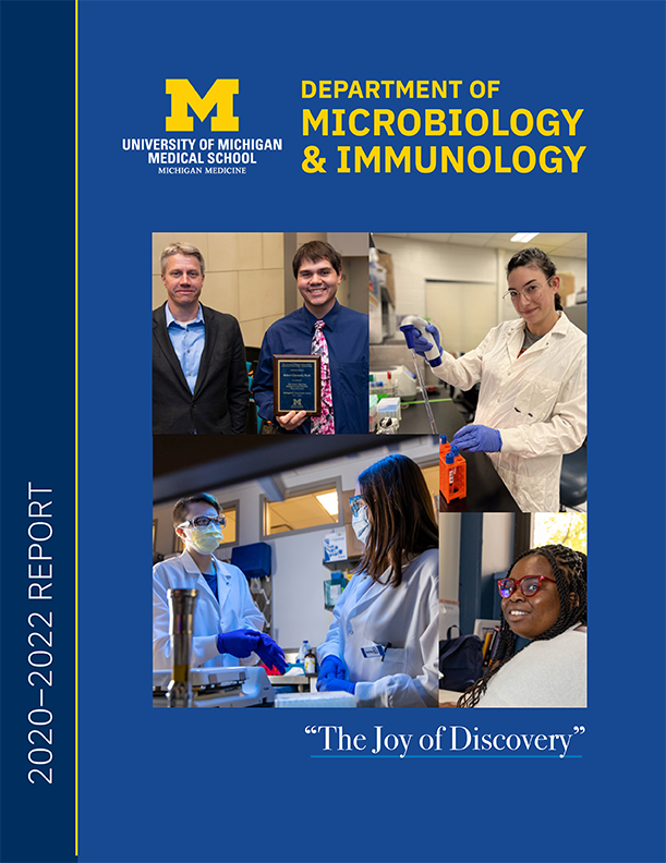 Cover of the report shows photos of a male student receiving the MacNeal Award, and four female students in lab.
