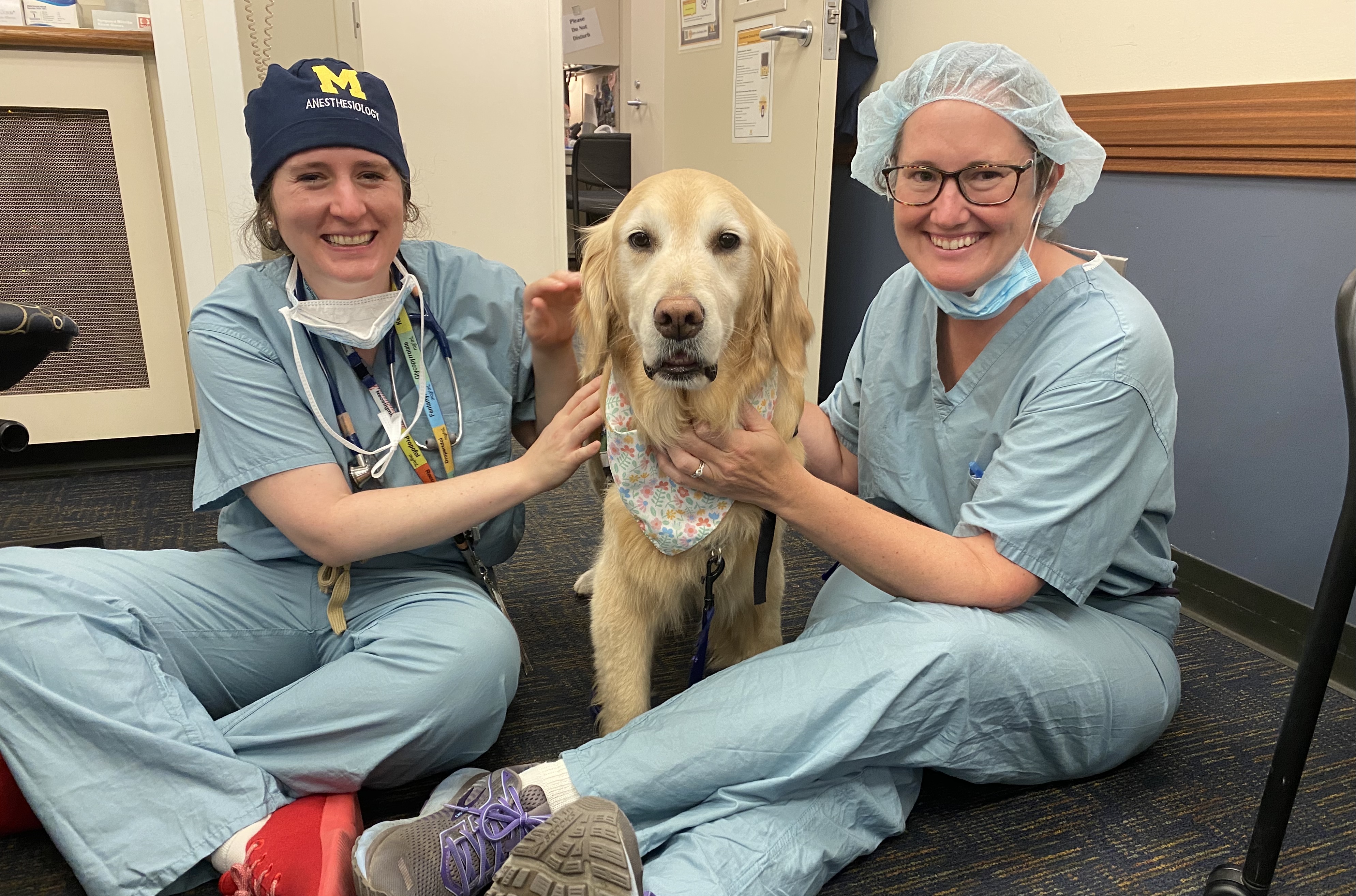 Paws for Patients dog Anna with U-M Anesthesia resident and faculty