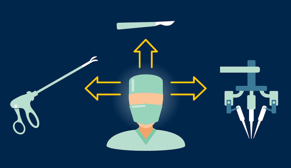 Graphic showing a surgeon surrounded by three tools: A laparascope, a scalpel and a robotic surgery tool