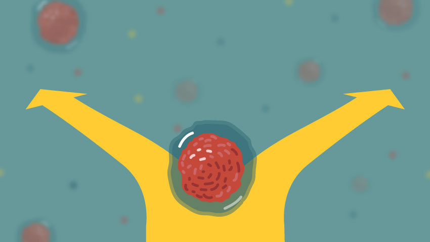 Graphic of a stem cell with two arrows going in opposite directions coming out from the sides