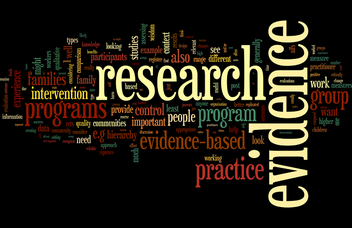 Word cloud. The largest featured words are: research, evidence, practice, programs, group, program, intervention. 