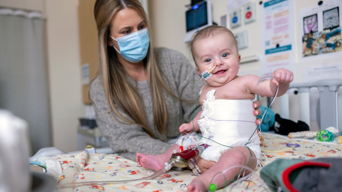 Roman DiLeo and his mother in the hospital while Roman was on the Berlin heart device. Credit: Michigan Medicine