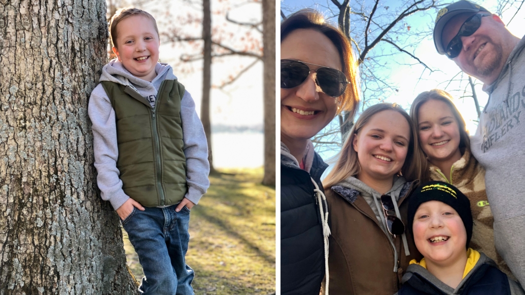 10 year old boy leaning against tree and posing with his mom and sisters outside