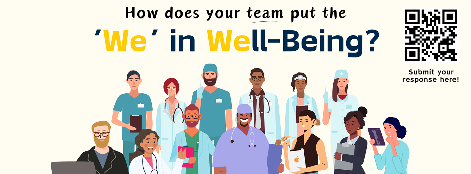 Illustrative drawing of health care workers in nursing uniforms and doctor lab coats. How does your team put the we in wellbeing? Share your response. Health Workforce Well-Being Day March 18th, 2024.