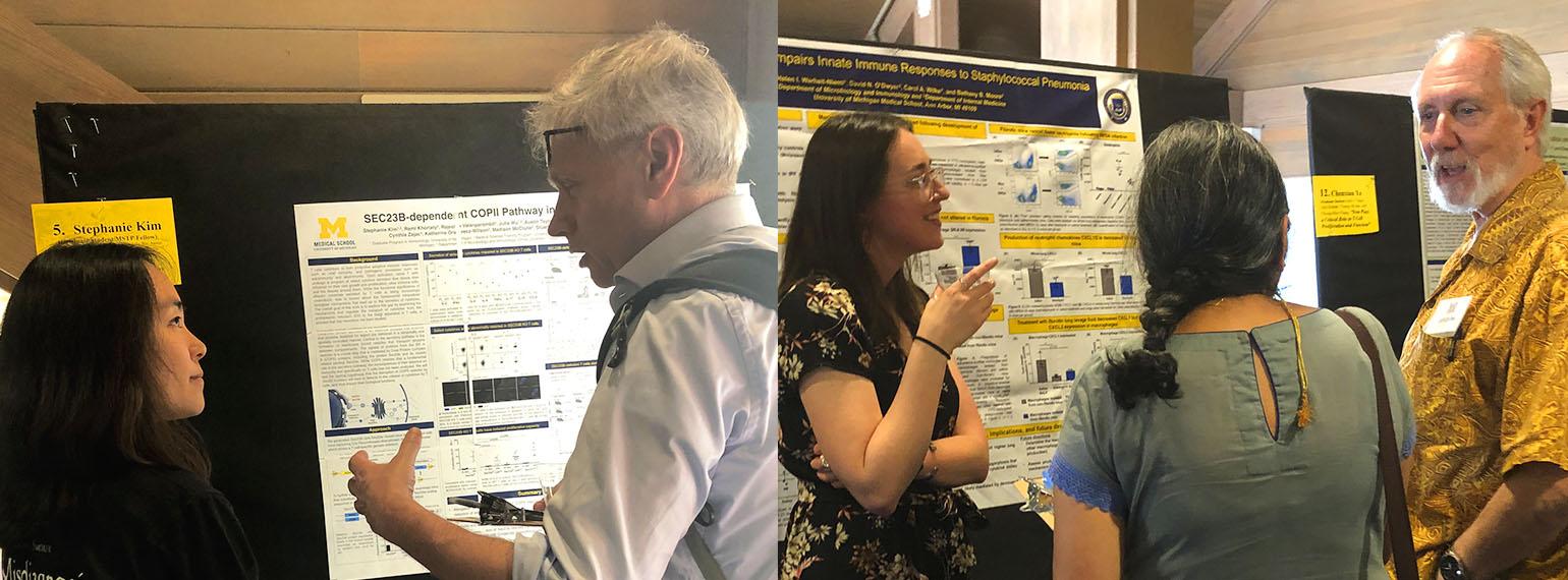 Two side by side shots of people presenting research posters, 2 people in the left shot, 3 people in the right shot