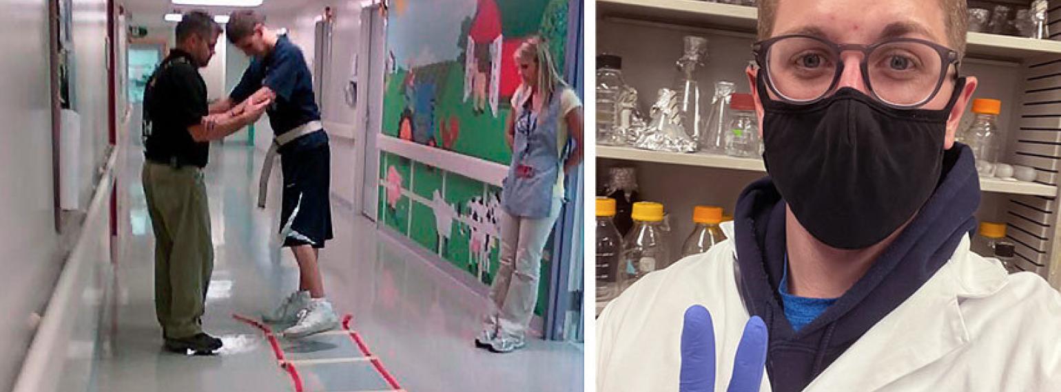 Ryan Finneran recovering from his 2010 crash (left) and Matthew Finneran in the lab (right). Credit: Finneran family