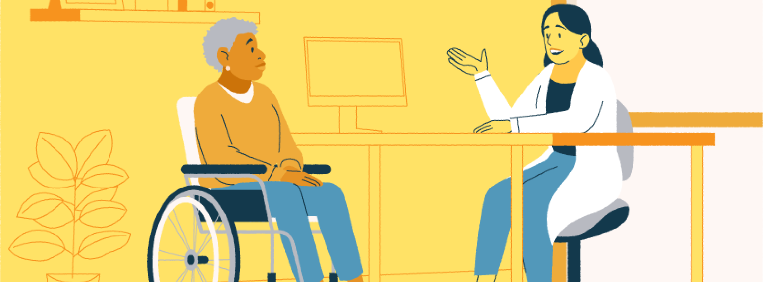 Cartoon style graphic showing an elderly woman sitting in wheelchair talking with her doctor