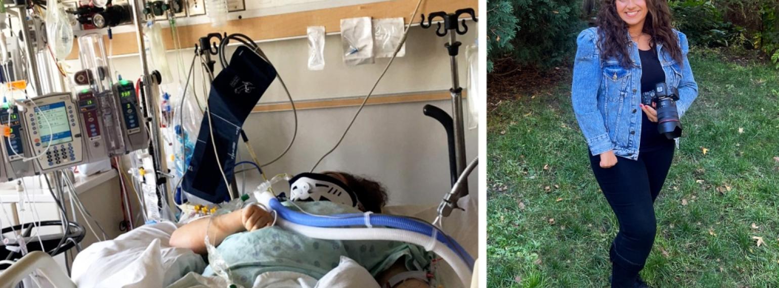 On the left is a photo of patient Sahar Mashhour laying in a critical care hospital bed. On the right, she is standing outside smiling. Photos are courtesy of Sahar Mashhour