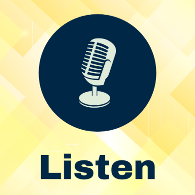 Image reads "Listen" with an old microphone icon on a blue circle