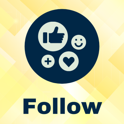 Image reads "Follow" with social media icons in a blue circle 