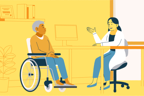 Cartoon style graphic showing an elderly woman sitting in wheelchair talking with her doctor