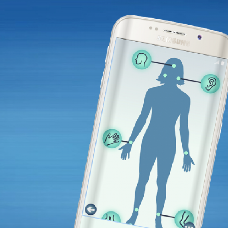 MeTime acupressure app on a phone screen, showing pressure points on the body