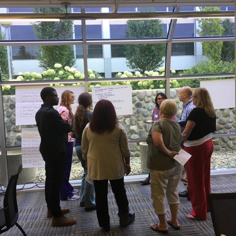 In a small group, a care team discusses the steps of their "problem." They are gathered around posters taped to the window embroiled in a disussion