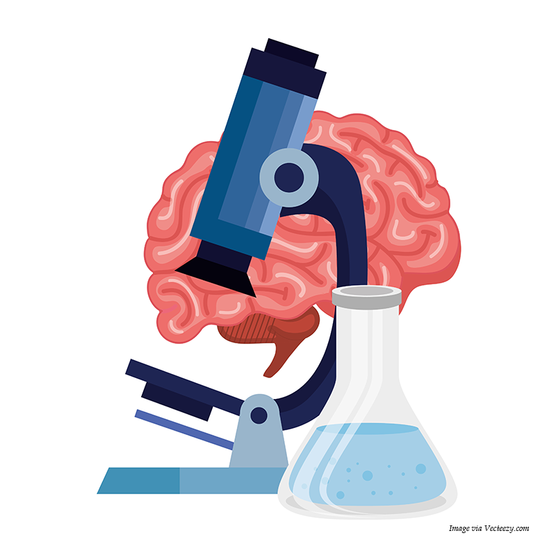 Image of a brain, microscope and beaker