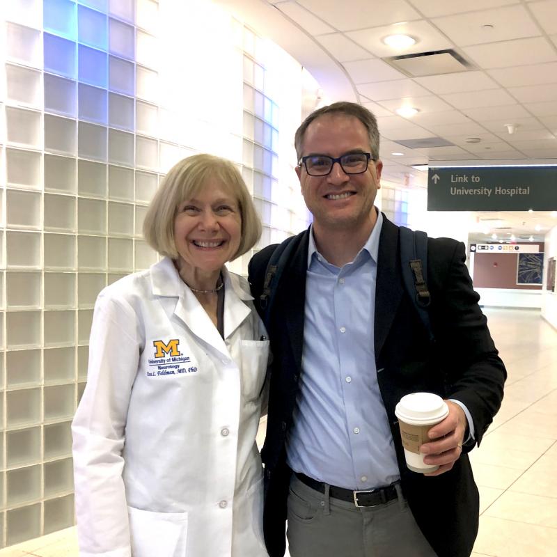 photo of Dr. Eva Feldman of the NeuroNetwork for Emerging Therapies and Dr. James Dowling of the University of Toronto after he gave Neurology Grand Rounds at Michigan Medicine