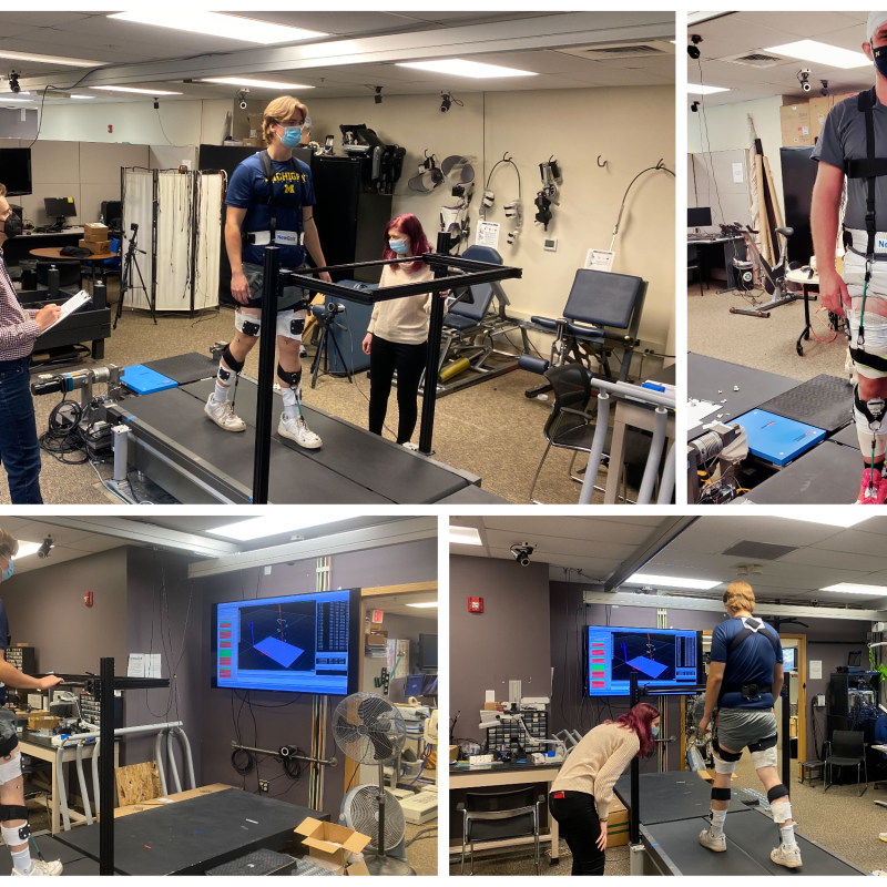 Collage of photos featuring the NewGait device being developed and studied by researchers at The University of Michigan