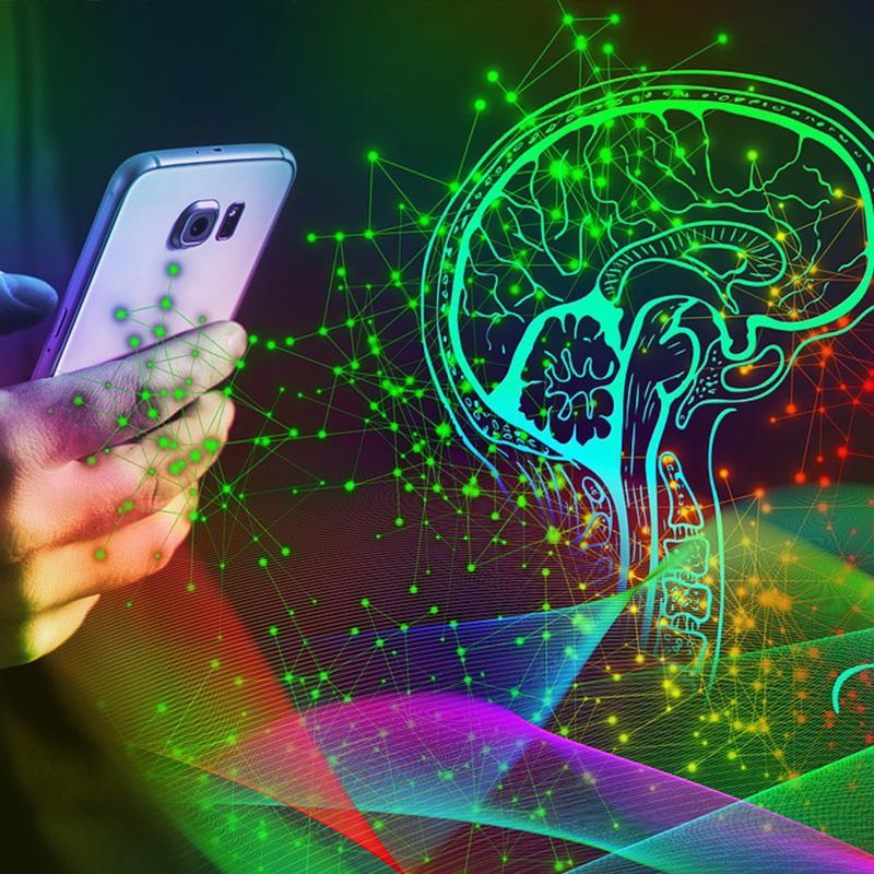 Image of a person using a phone and a brain next to it