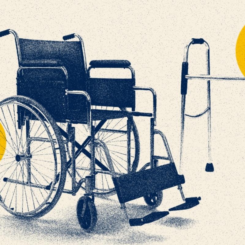 Artistic drawing of a wheelchair and walker