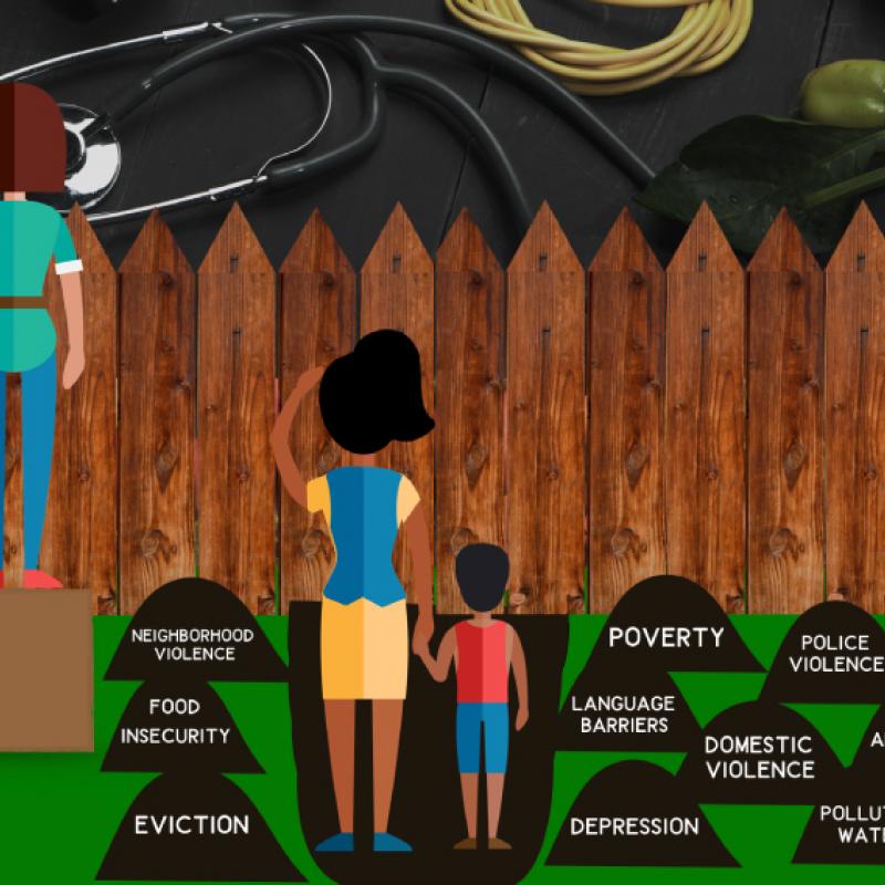 image of people looking over a fence at a health lifestyle, person on left is standing on box and can see over, other person is stuck standing in a hole with mounds of dirt labeled with barriers