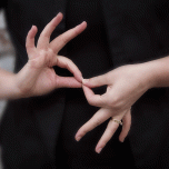 A woman's hands speaking with sign language. 