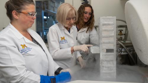 Crystal Pacut and Drs. Eva Feldman and Stacey Jacoby in the biorepository