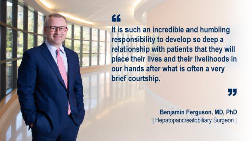 Dr. Benjamin Ferguson standing in a hallway and his #WeAreUmichSurgery quote