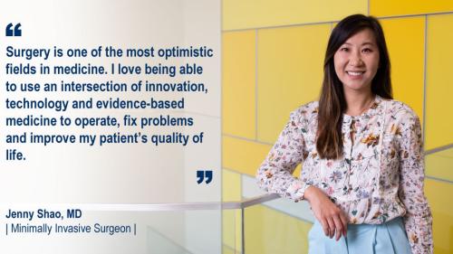 Dr. Jenny Shao standing in a hallway and her #WeAreUmichSurgery quote