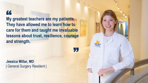 Dr. Jessica Millar standing in a hallway and her #WeAreUmichSurgery quote