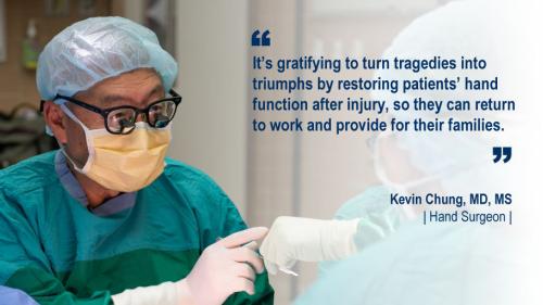 Dr. Kevin Chung in the operating room and his #WeAreUmichSurgery quote