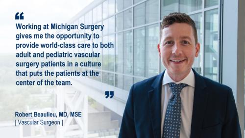 Dr. Robert Beaulieu standing in front of a window with his #WeAreMichiganSurgery quote