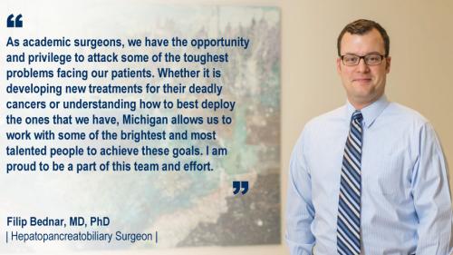 Dr. Filip Bednar standing by a painting and his #WeAreUmichSurgery quote